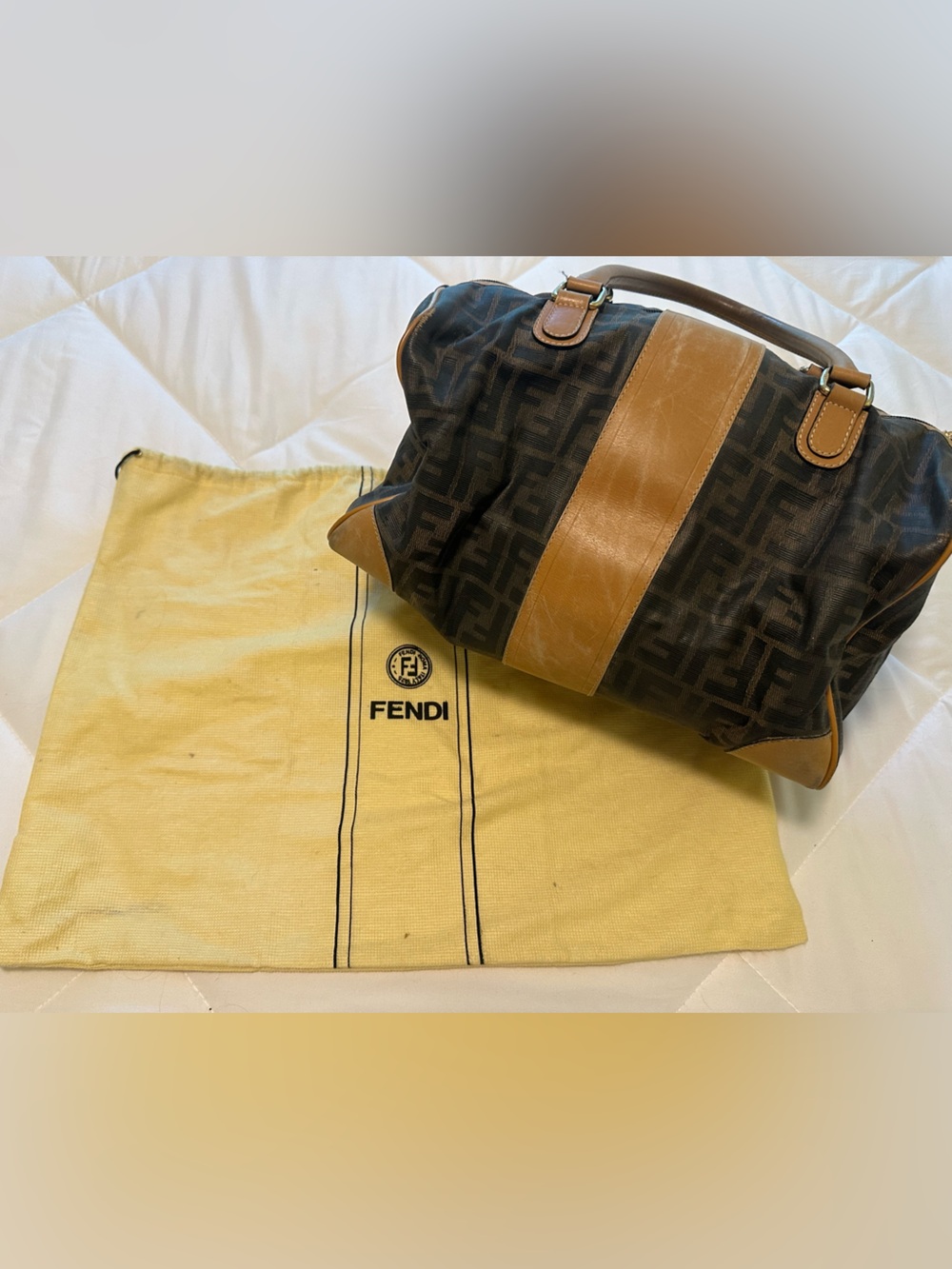 Fendi Brown Monogram Barrel Bag with Tan Leather Stripe